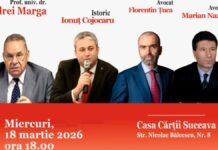 Sesiune specială de lansări de carte și dezbatere la Casa Cărții Suceava cu prof. univ. dr. Andrei Marga, istoricul Ionuț Cojocaru, avocatul Marian Nazat și avocatul Florentin Țuca