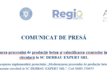 COMUNICAT DE PRESĂ: Modernizarea procesului de producție beton și valorificarea resurselor în economia circulară la SC DERBAU EXPERT SRL