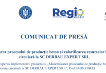 COMUNICAT DE PRESĂ: Modernizarea procesului de producție beton și valorificarea resurselor în economia circulară la SC DERBAU EXPERT SRL