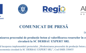COMUNICAT DE PRESĂ: Modernizarea procesului de producție beton și valorificarea resurselor în economia circulară la SC DERBAU EXPERT SRL
