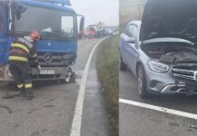 Trafic blocat pe E85, în zona localității Bunești după coliziune între un autocamion și un autoturism. O persoană a rămas încarcerată